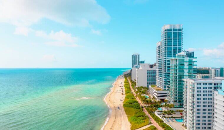 A view overlooking South Beach in Miami, USA, with the long beach stretching into the distance