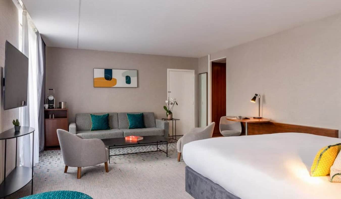 A spacious hotel room at the Crowne Plaza hotel in Paris, France