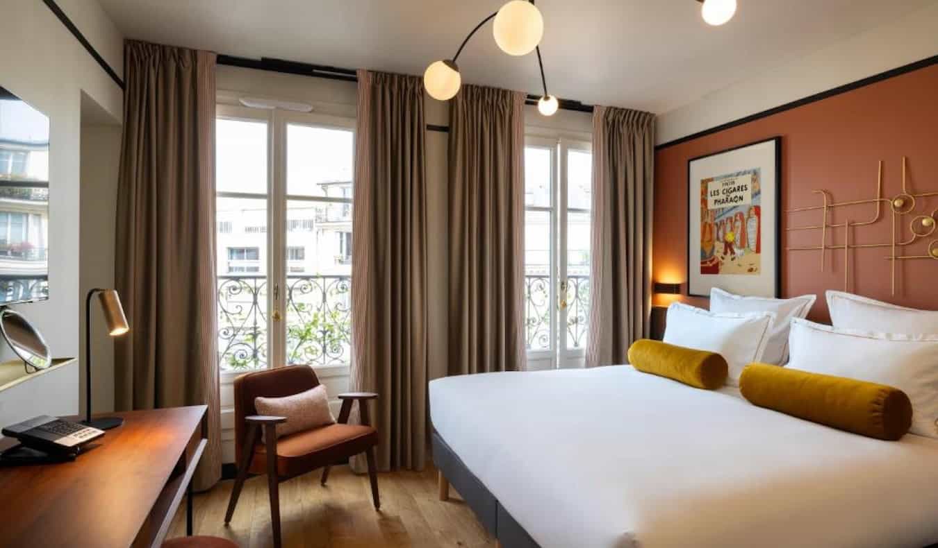 A cozy room at the Les Rives Hotel on the Left Bank of Paris, France