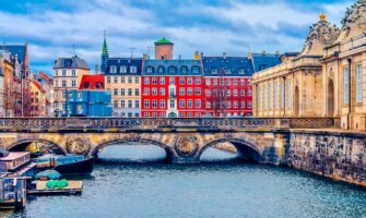 The colorful buildings of central Copenhagen, Denmark along the canal in the summer