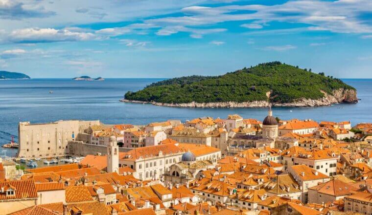 A stunning view over the Old Town of Dubrovnik, Croatia with the Adriatic Sea in the distance