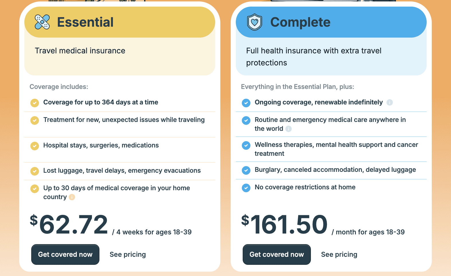 A screenshot comparing the plans from SafetyWing